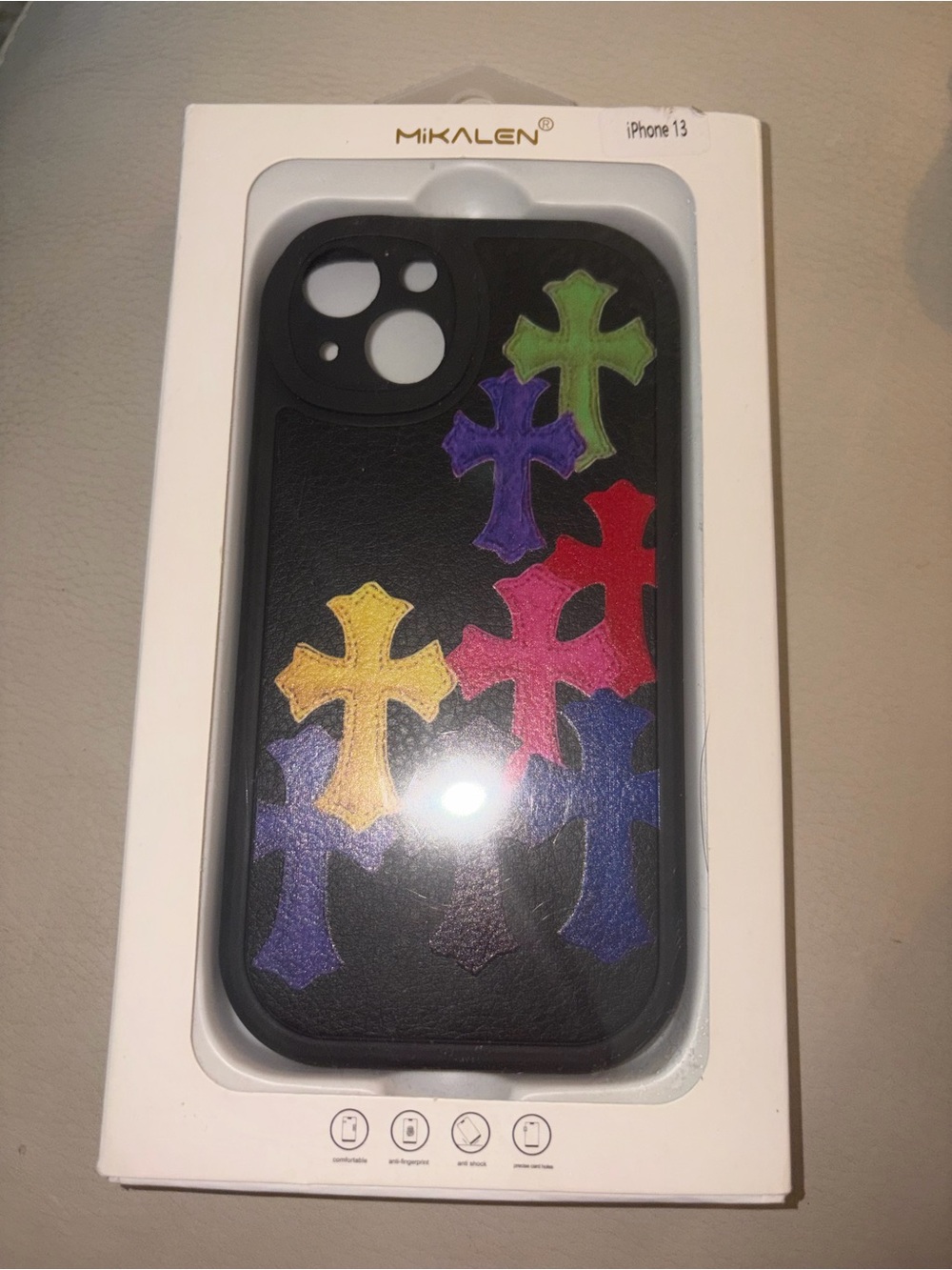 Black iPhone 13 Case with Multicolor Cross Design